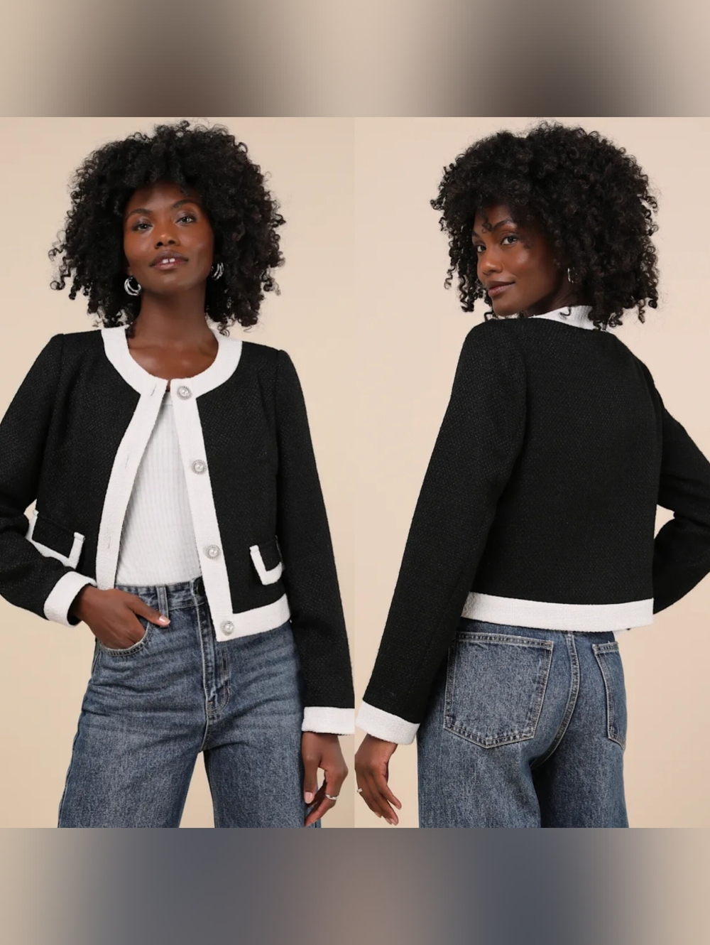 Lulus Desirably Posh Black and White Color Block Tweed Jacket XS Office Chic
